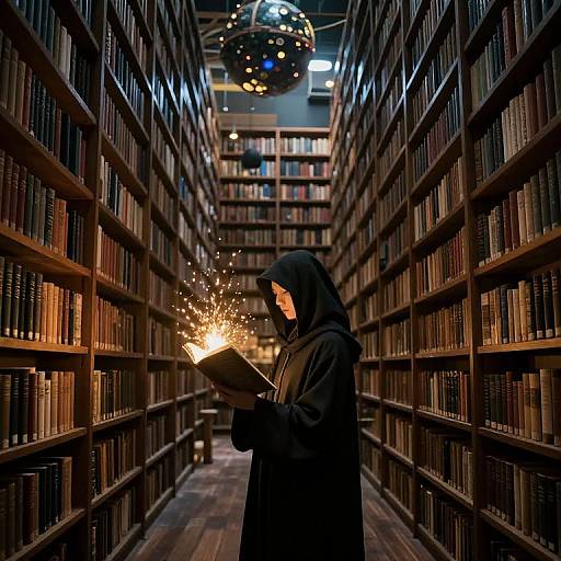 Photograph of a hooded figure in black, holding a book with sparkling pages, standing in a long, dimly lit library aisle.