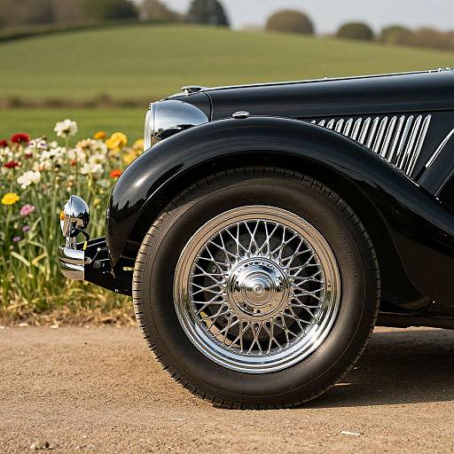 Photograph of a classic black vintage car's chrome-spoked wheel and fender, with a flower-lined roadside and green fields in the background.