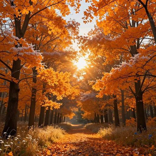 Photograph of a sunlit forest path lined with vibrant orange autumn leaves, tall trees, and a glowing sun peeking through the canopy.