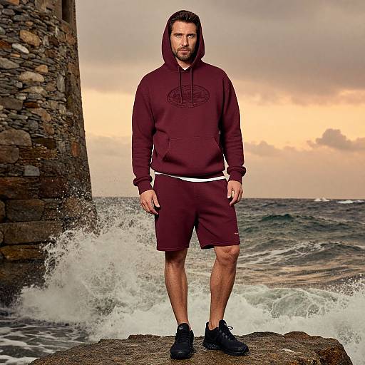 Photograph of a bearded man in a maroon hoodie and shorts, standing on a rocky shore with ocean waves and a stone pier in the background