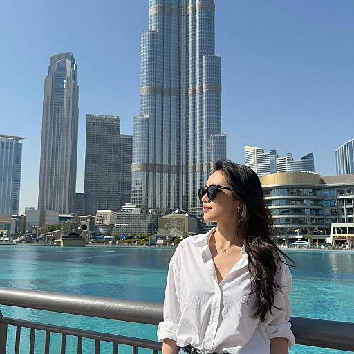 Woman by Dubai Fountain with Burj Khalifa