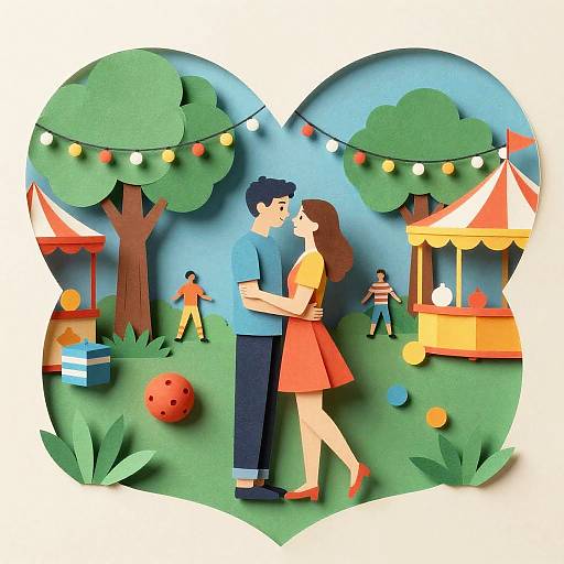 Digital illustration of a couple kissing in a heart-shaped park scene with colorful string lights, carnival booths, and children playing.