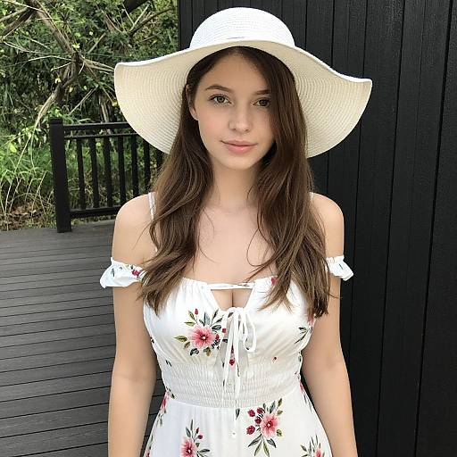 Photograph of a young woman with long brown hair, wearing a white floral off-shoulder dress and wide-brimmed hat, standing in front