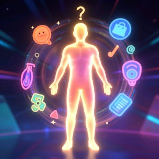 Neon-lit, glowing silhouette of a question-marked human figure surrounded by colorful, futuristic icons and symbols in a dark, radiant background.