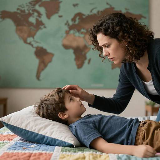 Concerned Woman Touching Boy's Forehead