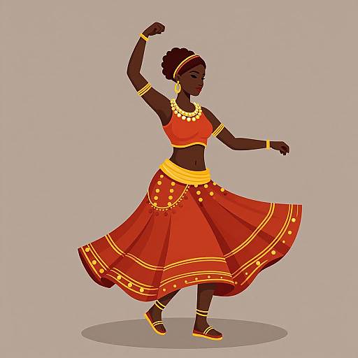 Digital illustration of a dark-skinned African woman dancing in a red traditional outfit with yellow accents, adorned with jewelry, against a beige background.