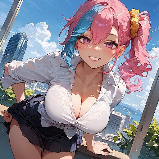 Digital anime-style drawing of a cute, busty woman with pink and blue hair, white blouse, black skirt, leaning forward in a sunny, cityscape