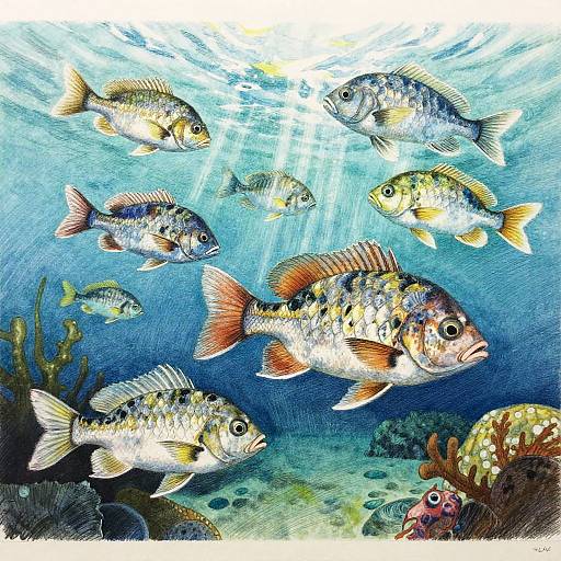 Detailed Realistic School of Fish Drawing
