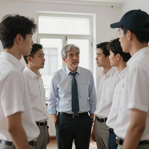 Older Man and Group of Young Men in Discussion