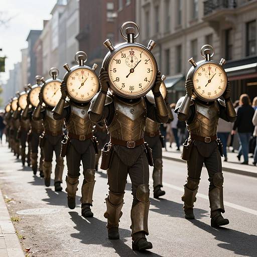 Photograph of a parade featuring people wearing vintage-style clock masks with brass armor and dark clothing, marching down a sunlit urban street.