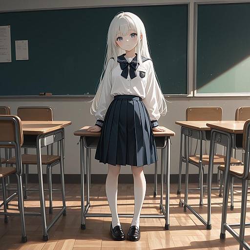 White-Haired Girl in School Classroom