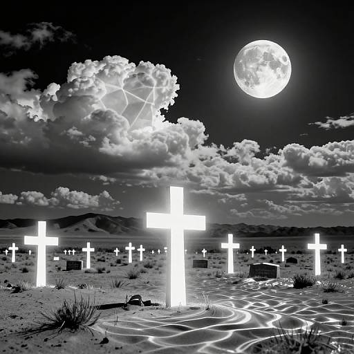 Black-and-white photograph of a desert graveyard at night, illuminated by glowing white crosses, with a full moon and starburst in the cloudy sky.