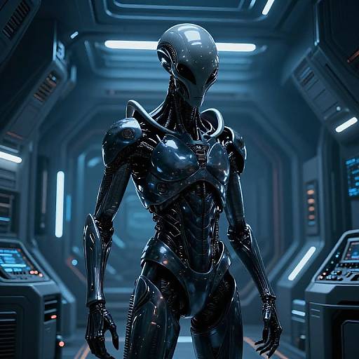 Photograph-style CGI image of a sleek, black, humanoid robot with a glossy, reflective surface standing in a futuristic, blue-lit corridor.