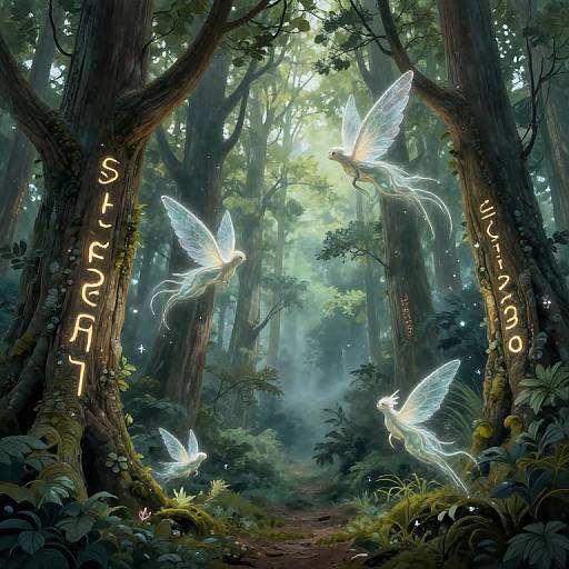 Digital fantasy artwork of glowing fairy-like creatures with translucent wings in a misty, enchanted forest with tall trees and green foliage. Words 