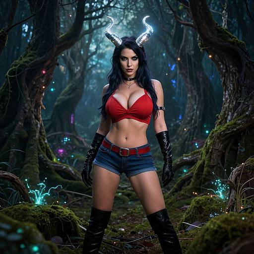 Digital artwork of a sexy demon woman with black hair, red bra, denim shorts, black gloves, and horns in a dark, enchanted forest with glowing