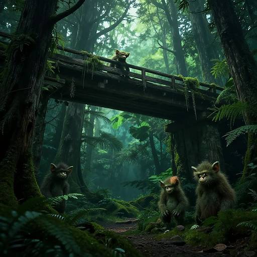Digital artwork of three raccoon-like creatures with fluffy tails and masked faces, standing in a dense, misty forest beneath a moss-covered wooden bridge.
