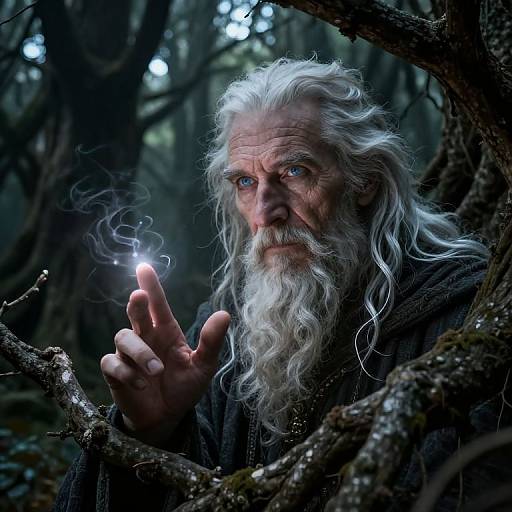 Photograph of an elderly, white-bearded wizard with blue eyes, holding a glowing ember in a dark, mystical forest.