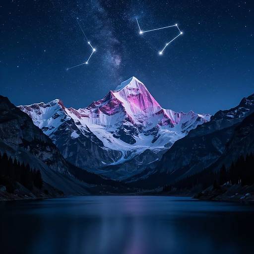 Photograph of a glowing, snow-capped mountain under a starry night sky with visible constellations, reflecting in a calm, dark blue lake