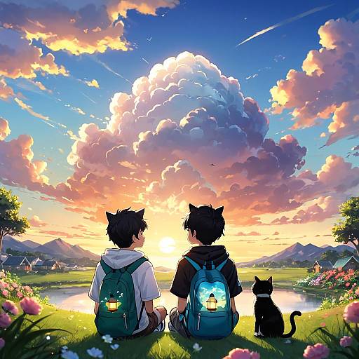 Two Boys and a Cat Watching Sunset Outdoors