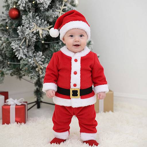 Photograph of a smiling baby in a red Santa suit with white trim, black belt, standing in front of a decorated Christmas tree and wrapped gifts.