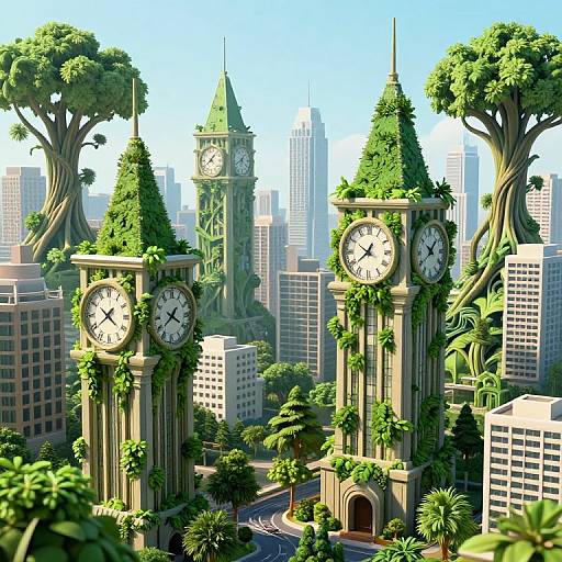 Photorealistic CGI cityscape with towering clock towers covered in greenery, surrounded by oversized trees and modern skyscrapers under a clear blue sky.