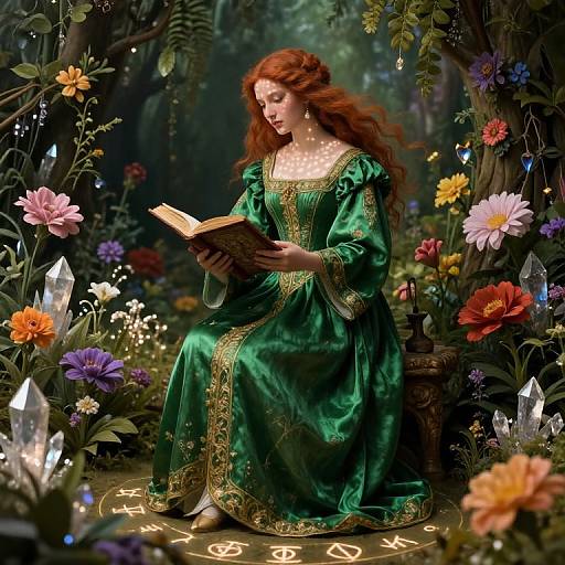 Fantastical digital painting of a red-haired woman in a green, gold-trimmed gown, reading a book in a vibrant, magical forest filled