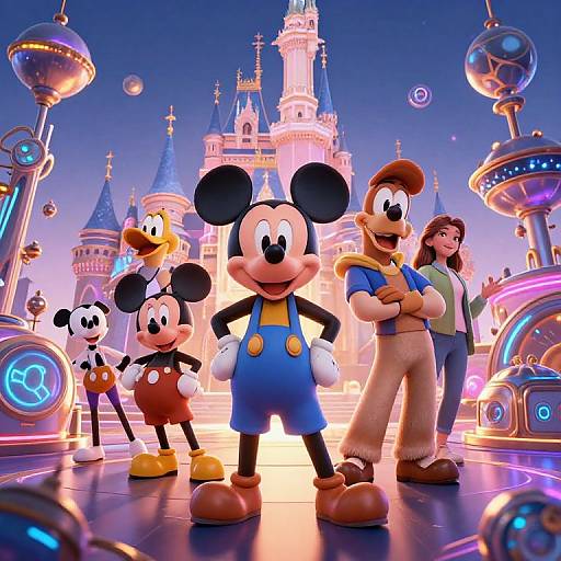 Photograph-style CGI of Disney characters, including Mickey Mouse, Minnie, Pluto, Goofy, and a woman, standing in front of a