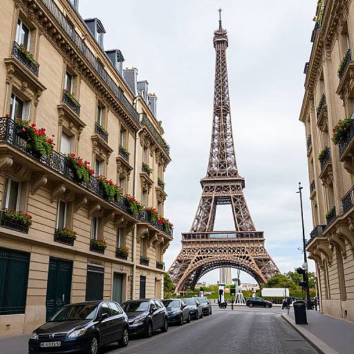 Photograph of the Eiffel Tower viewed down a narrow Parisian street with beige buildings, black iron balconies, red flower boxes, and parked