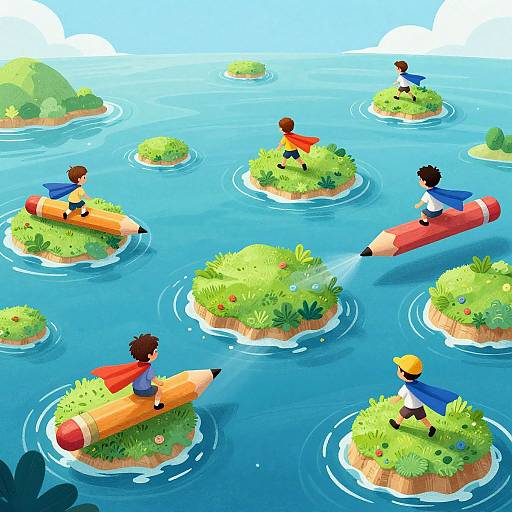 Digital illustration of five children on floating islands with grass, using oversized pencils as boats, in a bright blue ocean.
