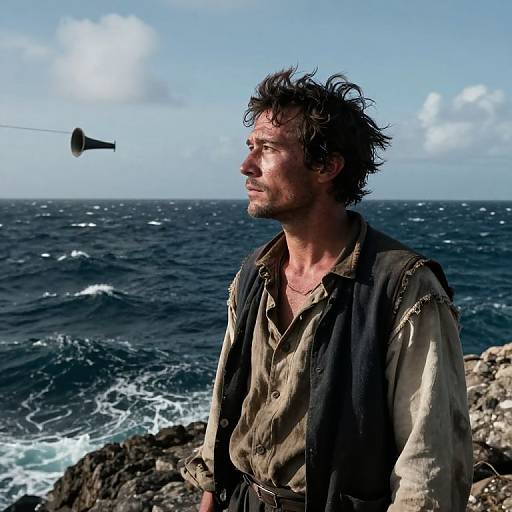 Photograph of a rugged, bearded man with messy dark hair, wearing a dirty, sleeveless vest over a beige shirt, standing on rocky shore