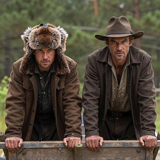 Two Men on a Wooden Cart in Nature