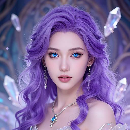 Digital artwork of a beautiful, fair-skinned woman with vibrant purple hair, striking blue eyes, and crystal earrings, set against a glowing, ethereal