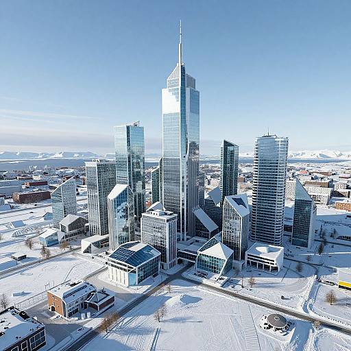 Aerial photograph of a modern, snow-covered cityscape featuring tall, reflective glass skyscrapers with a prominent central tower under a clear blue sky.