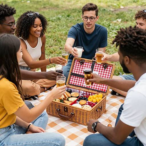 Photograph of diverse group of six friends enjoying a picnic on a checkered blanket, drinking beer, with a wicker basket of food in a grass