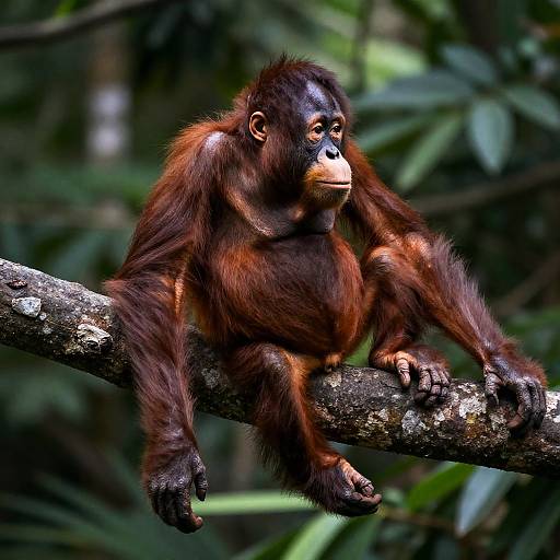 Baby Orangutan Lounging on Tree Branch
