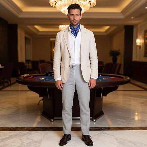 Photograph of a handsome man with dark hair and beard, wearing a white blazer, blue bandana, white shirt, gray pants, black shoes