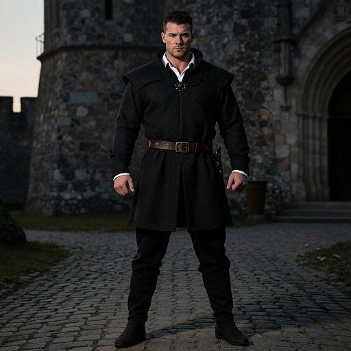 Photograph of a serious, muscular man with dark hair, wearing a black coat, white shirt, and brown belt, standing on a cobblestone