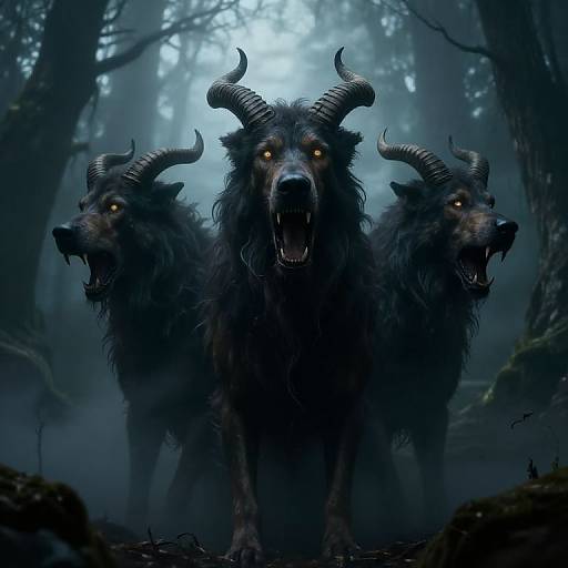 Digital illustration of a dark, three-headed, demonic creature with glowing eyes, large curved horns, and snarling mouths in a foggy, eerie