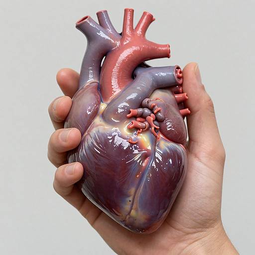 Photograph of a realistic, glossy, purple and red plastic human heart model held by a light-skinned hand against a white background.