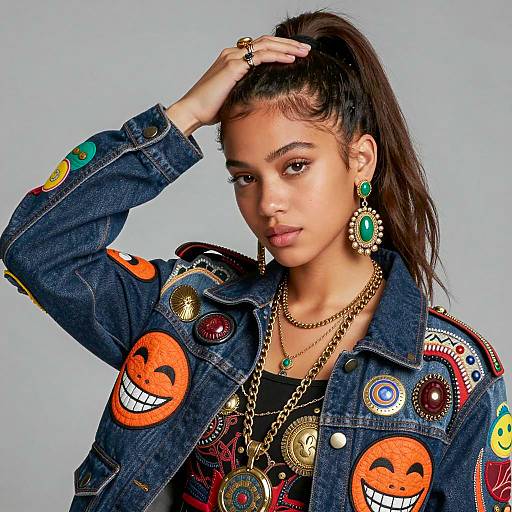 Young Woman Wearing Decorated Denim Jacket