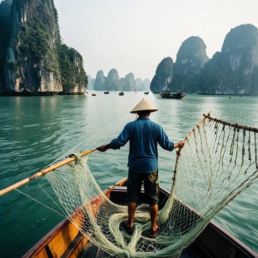 Fisherman Casting Net in Halong Bay