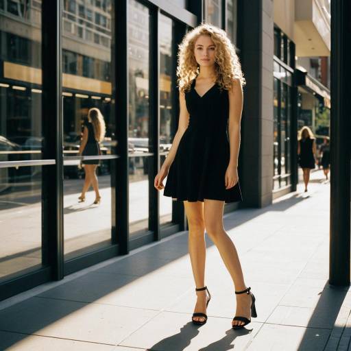 Young Woman in Black Dress on City Sidewalk