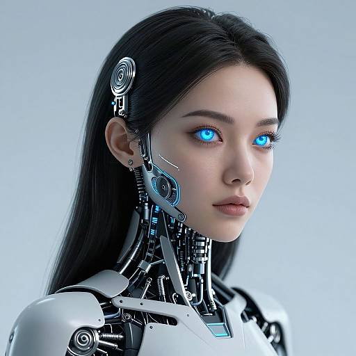 Digital CGI image of an Asian woman with long black hair, cybernetic enhancements, glowing blue eyes, and a white robotic neck.