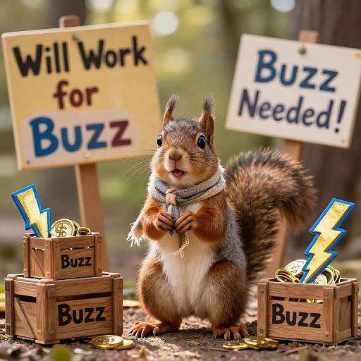 Photograph of an anthropomorphic squirrel in a work vest, holding coins, standing between two 