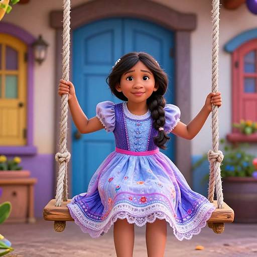 CGI image of a young Asian girl with long black hair, wearing a light blue, floral dress, sitting on a rope swing in front of a