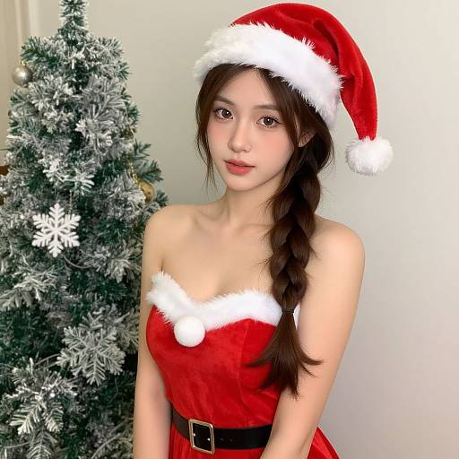 Photograph of an Asian woman with fair skin, long brown hair in a braid, wearing a red Santa dress and hat, standing next to a