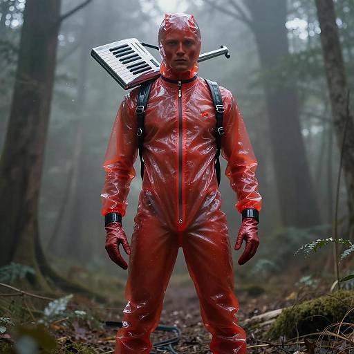 Glossy Latex Spacesuit Man in Forest