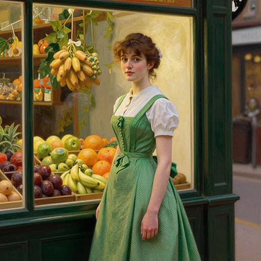 Photograph of a fair-skinned woman with curly brown hair, wearing a green pinafore over a white blouse, standing in front of a vibrant