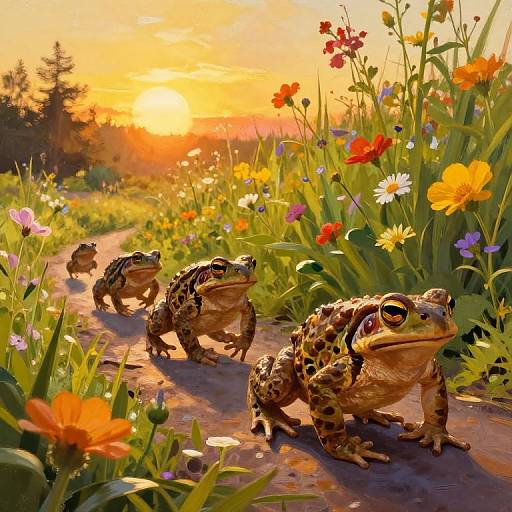Toads Hopping Through Blooming Garden