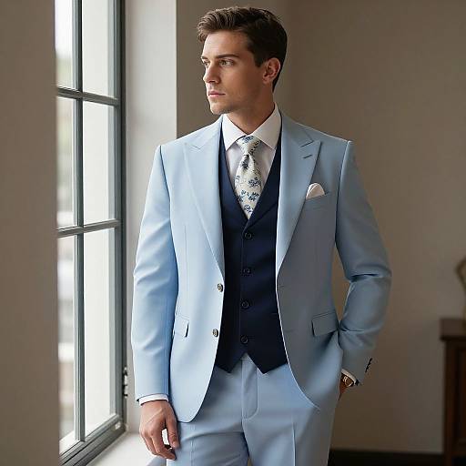 Photograph of a handsome man in a light blue suit, black vest, white shirt, floral tie, and pocket square, standing by a window in